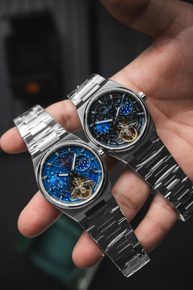Reloj Kosmo 644-6-2-001 Automático Fase Lunar Cielo Estrellado Colección Zafiro Plateado Esfera Azul