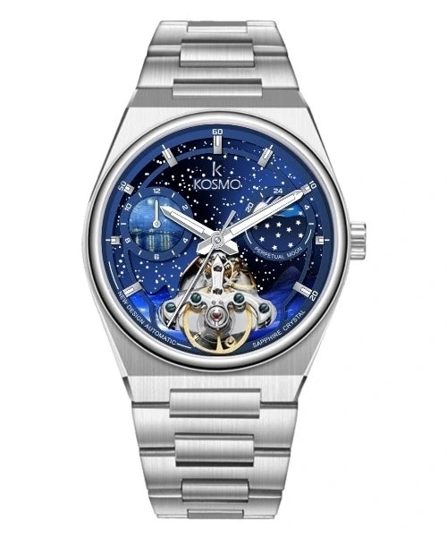 Reloj Kosmo 644-6-2-001 Automático Fase Lunar Cielo Estrellado Colección Zafiro Plateado Esfera Azul