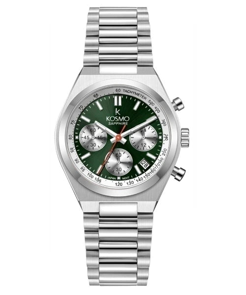 Reloj Kosmo 645-7-2003 Cronógrafo Colección Zafiro Plateado Esfera Verde