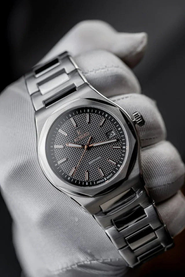 Reloj Kosmo 609-7 – Acero 316L Plateado, Esfera Gris con Detalles Rose Gold, Cristal Zafiro