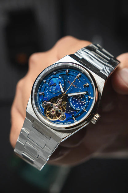 Reloj Kosmo 644-6-2-001 Automático Fase Lunar Cielo Estrellado Colección Zafiro Plateado Esfera Azul