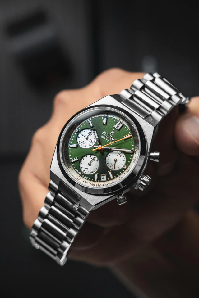 Reloj Kosmo 645-7-2003 Cronógrafo Colección Zafiro Plateado Esfera Verde